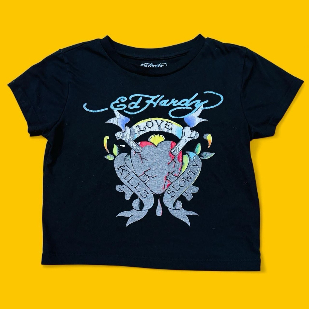 Ed Hardy Black Crop Top S Love Kills Slowly Heart Tattoo Y2K Graphic Tee
